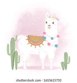 Cute Llama and cactus, hand drawn cartoon watercolor illustration 