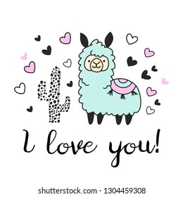 cute llama with cactus and hearts, vector illustration isolated on white background