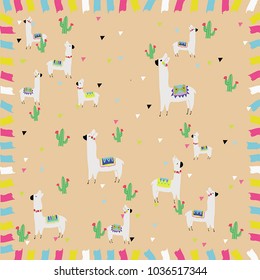 cute llama and cactus illustration background vector