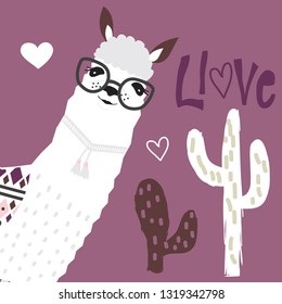 cute llama with cactus, love card with llama