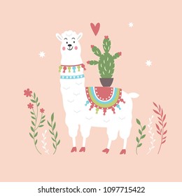 cute llama with cactus on pink background