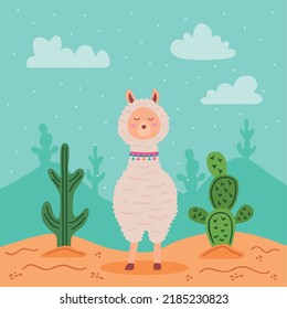 cute llama and cactus scene