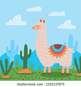 cute llama with cactus scene