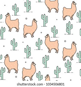 Cute llama and cactus seamless pattern design - Trendy llama illustrations with hand drawn elements - funny llama characters with cactus in endless pattern background