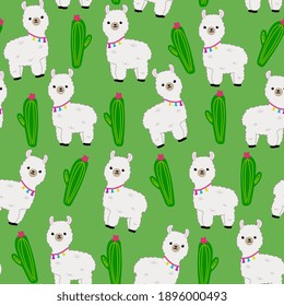 Llama suave con un patrón sin fisuras en un fondo verde. Diseño de tejidos, textiles y decoración.