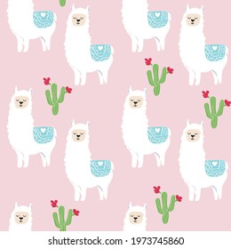 Cute Llama with Cactus Seamless Pattern