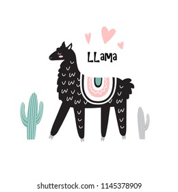 Cute llama with cactus. Vector illustration. Good for greeting cards, romantic invitations, decoration, etc.