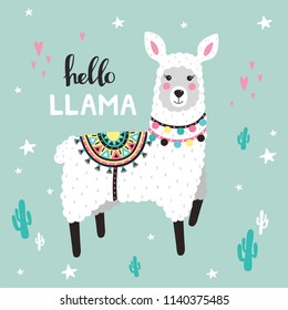 Cute Llama with cactuses. Childish print. Vector Illustrtion