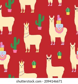 Lama und Kakteen werden nahtlos gezeichnet. Alpaca mit Geschenkbox, mit Sonnenbrille und Geburtstagshut. Hintergrund für Geburtstag und Babydusche.