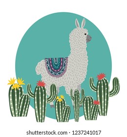 Cute llama with cactuses, template for card and your design. Hand drawing flat doodles vector Illustration