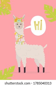 Cute llama card design with monstera leaves and decorative text. Vector illustration for cards, invitations, print, apparel, nursery decoration.