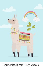 Cute llama card design with rainbow. Vector illustration for cards, invitations, print, apparel, nursery decoration.
