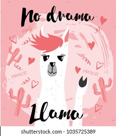 Cute llama card with No drama motivational quote. Alpaca drawing with lettering