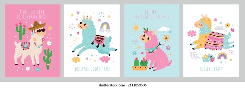 Cute tarjetas de llama. Afiches divertidos de las alpacas, inscripciones motivacionales frases, animales coloridos, cactus y arcos, camellos bonitos, colores pastel, dibujos vectoriales planos