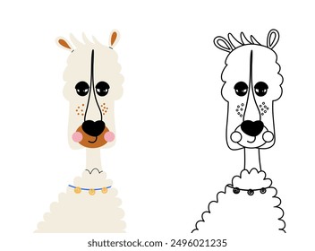 Dibujo animado lindo de la llama para colorear para los niños. Ilustraciones vectoriales divertidas de color animal e incoloras aisladas sobre fondo transparente. Dibuja garabatos para niños, anti estrés.
