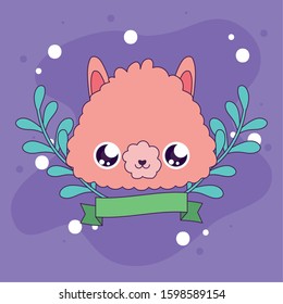 Cute llama cartoon with leaves wreath design, Animal zoo life nature character childhood and adorable theme Vector illustration