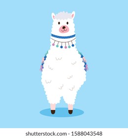 cute llama cartoon over blue background. front. vector illustration