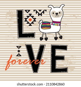 Cute Llama cartoon vector illustration. Love card with Llama on striped background. 