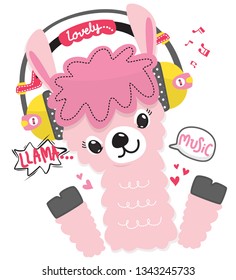 Dibujo de llama Cute con auriculares y escuchando música aislada en el vector de ilustración blanca, diseño de pantalones T para niños. 