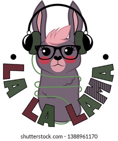 Cute llama cartoon wearing headphones and listening to music isolated on white background illustration vector, text ""LA LA LAMA, T-shirt design for kids. 