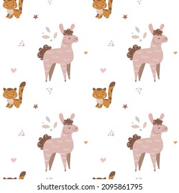 Cute llama and cat pattern. For baby products. Bed linens, pajamas, posters, postcards, cups, clothes and more.