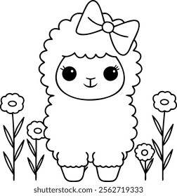 A Cute llama character with bow surrounded by flowers