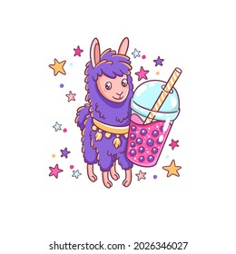 Cute llama character with bubble tea. Hand drawn vector illustration of cartoon animal