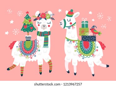 Cute llama character Christmas card. Childish print for t-shirt, apparel, cards and nursery decoration. Vector Illustration