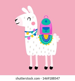 Cute llama character design with backpack. Back to school concept. Childish print for t-shirt, apparel, cards and nursery decoration
