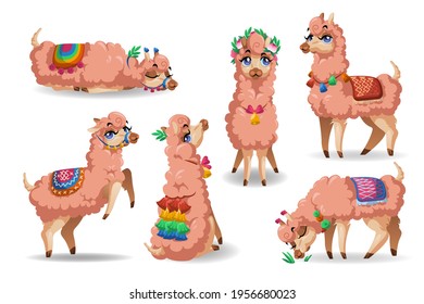 Cute llama character in different poses isolated on white background. Vector set of cartoon mascot, adorable alpaca sitting, sleep, eat grass, sad and happy. Creative emoji set, funny lama chatbot