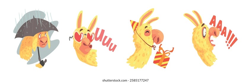 Cute Llama Character Head Emotion and Pose Vector Set