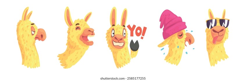 Cute Llama Character Head Emotion and Pose Vector Set