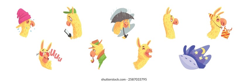 Cute Llama Character Head Emotion and Pose Vector Set