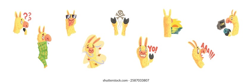 Cute Llama Character Head Emotion and Pose Vector Set