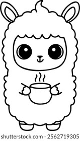 A Cute llama character holding steaming cup, exuding warmth and charm