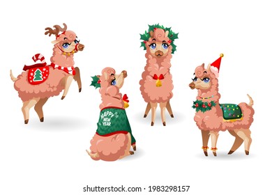 Cute llama character with New Year decoration isolated on white background. Vector cartoon set of adorable alpaca with holly leaves, reindeer horns and red Santa hat. Vicuna with Christmas garland