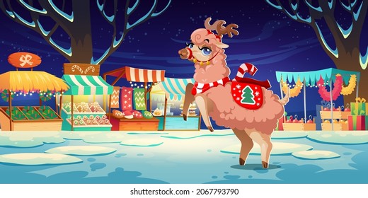 Cute llama character on Christmas fair at night. Vector cartoon illustration of winter landscape with snow, traditional holiday marketplace with stalls and funny alpaca with reindeer horns