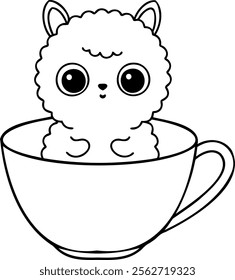 A Cute llama character sitting in teacup, expressing curiosity and charm