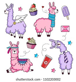 Personajes de llama cortos con garabatos. Llama de unicornio. Llama de negocios y llama con una bufanda. Ilustración vectorial.