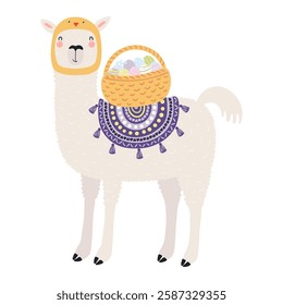 Cute llama in chick hat, carrying Easter eggs in basket character illustration. Hand drawn flat style design, isolated vector. Holiday clip art, kids print element, seasonal card, banner, poster