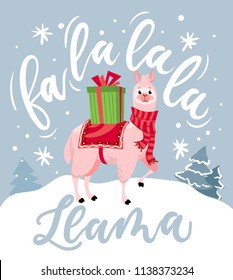 Cute llama Christmas card with lettering inscription "Fa la la la llama". New Year greeting card.