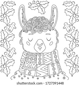 Cute llama christmas character coloring page. Vector kids coloring book illustration of lama with skarf, ginger cookies and holly berries. Beautiful animal coloring page.