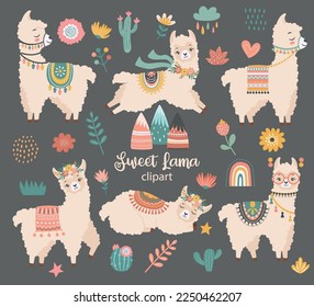 Cute llama clipart with decorative elements.