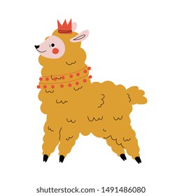 Cute Llama with Crown, Adorable Alpaca Animal Character, Side View Vector Illustration