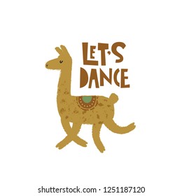 Cute llama dancing illustration with text Lets dance on hand drawn shapes background. Vector flat cartoon illustration for card, poster, nursery, fabric