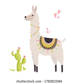 Cute llama with decorative elements and cactus. Vector illustration for cards, invitations, print, apparel, nursery decoration.