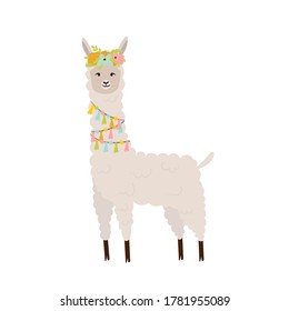 Cute llama with decorative elements and flower wreath. Vector illustration for cards, invitations, print, apparel, nursery decoration.