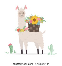 Cute llama with decorative elements, flower wreath and basket. Vector illustration for cards, invitations, print, apparel, nursery decoration.