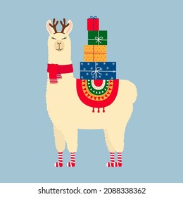 Cute llama in deer antlers and scarf, with gift boxes. Funny character on blue background. Concept for Christmas card, invitation. Vector illustration