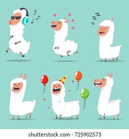 Cute llama in different actions. Cartoon character of funny alpaca vector set flat icons isolated on blue background.